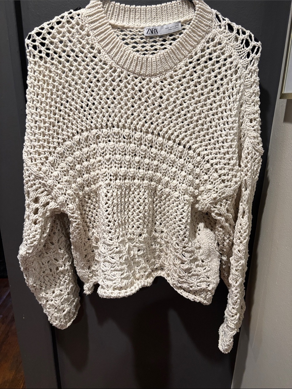 Zara Cream Open-Weave Crewneck Sweater